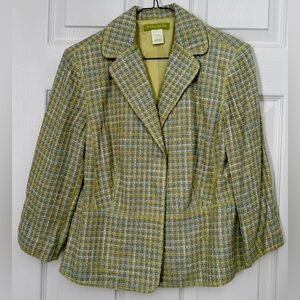 Sigrid Olsen Blue and Green Plaid Blazer, Petite Size 4; length 21”